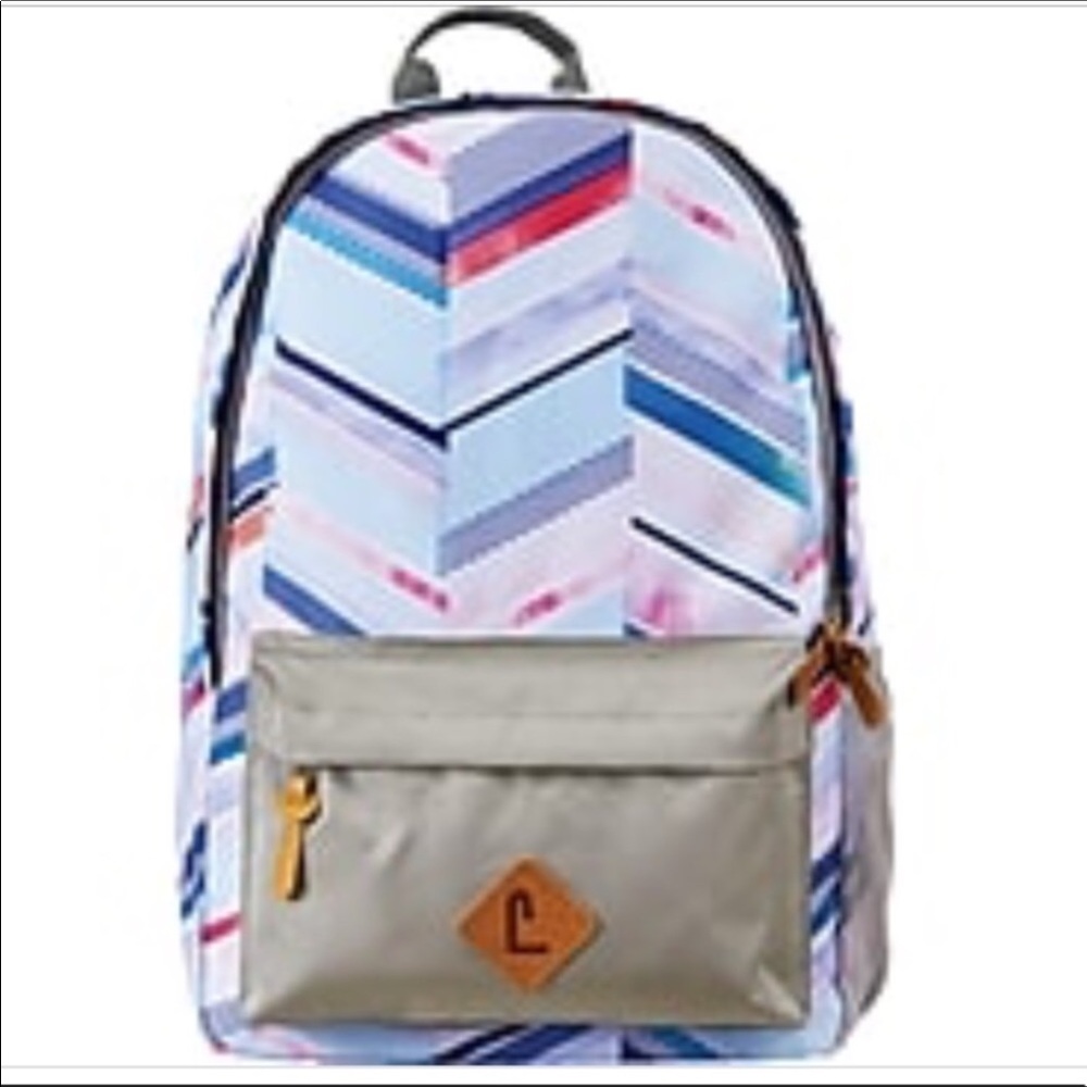 NEW Backpack 18” Classic Computer Bag Blue Gray Stripe Chevron Pattern